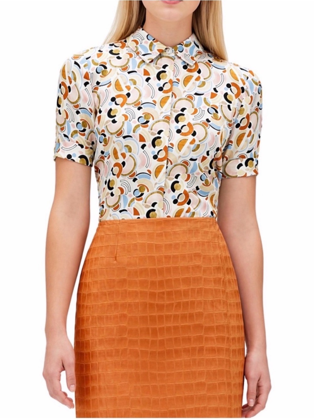 Lafayette 148 100% Silk Art Deco Geometric Print Short Sleeve Blouse M